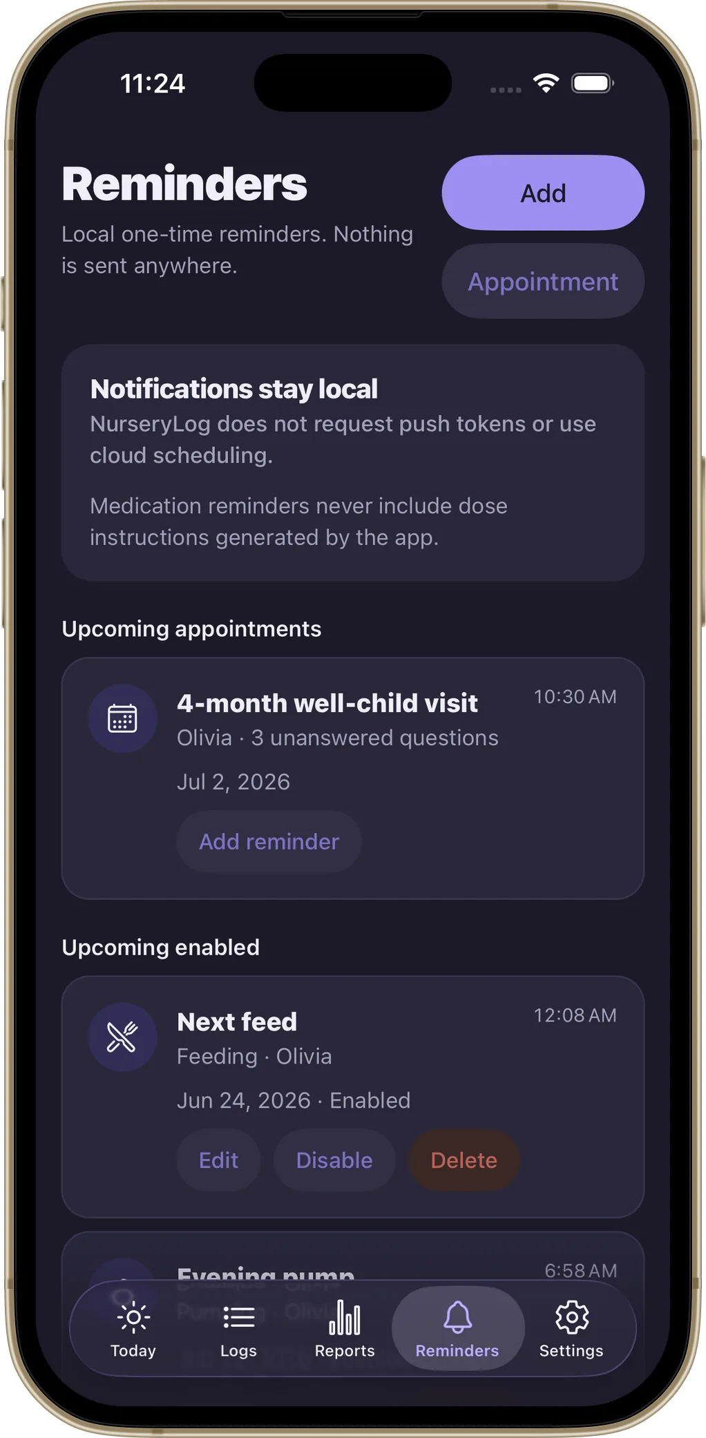 NurseryLog reminders screen emphasising that notifications stay local