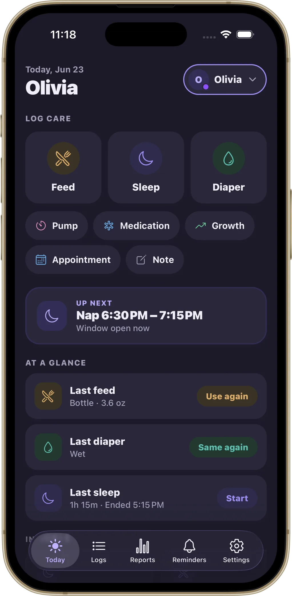 NurseryLog Today screen in dark mode