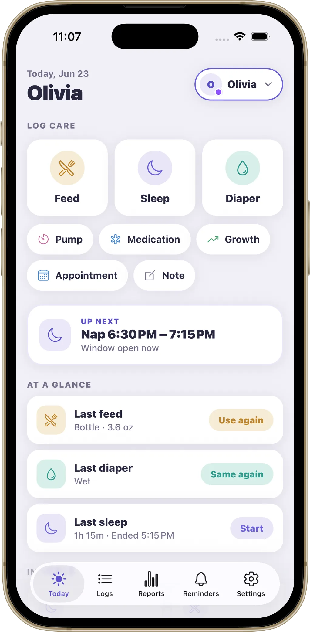 NurseryLog Today screen in light mode, showing recent feeds, sleep and diapers